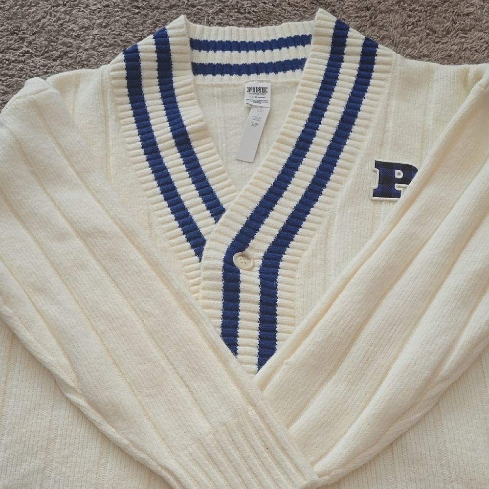 Womens Cream Cardigan Sweater with Blue Stripes